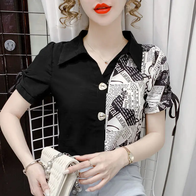

Chiffon shirt women's summer new short sleeve asymmetric slim top fashion