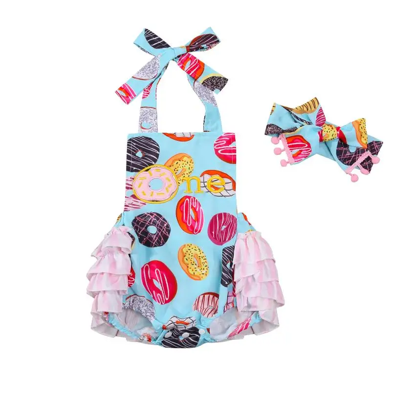 

Baby Girls Summer Bodysuits Outfits Cute Donut Print Ruffle Halter Backless Romper with Headband Baby Sunsuits