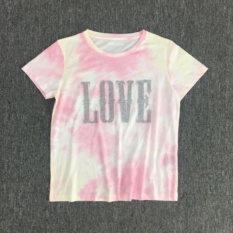 Женская футболка с принтом «Tie-dye», Женская хлопковая футболка с надписью «Hot Drilling LOVE», женская одежда с коротким рукавом и градиентом