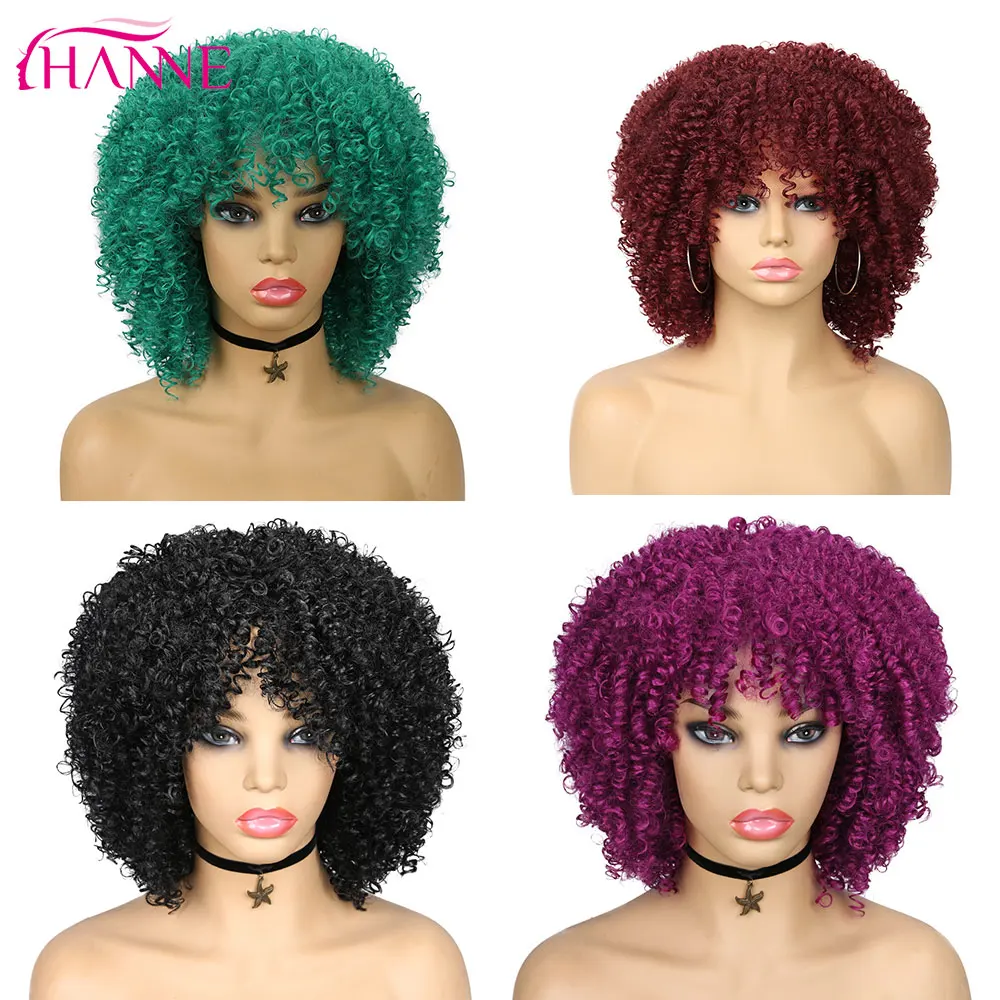 

HANNE Synthetic Blue Wig Short Afro Kinky Curly Wigs With Bangs Green/Purple/Red Wig For Black Women Cosplay or Party Wigs