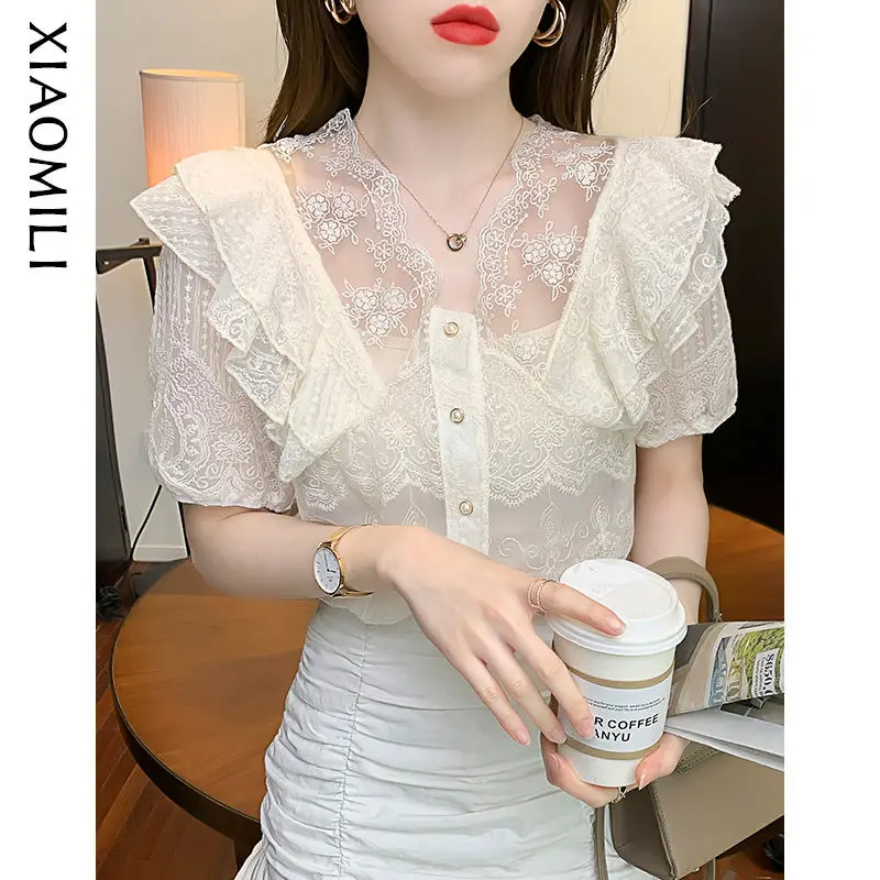 

Summer Women Short Sleeve O-Neck Shirts Female Casual Lace Hollow Out Blouse Tops Elegant Fashion Loose Solid Color Blouses L572