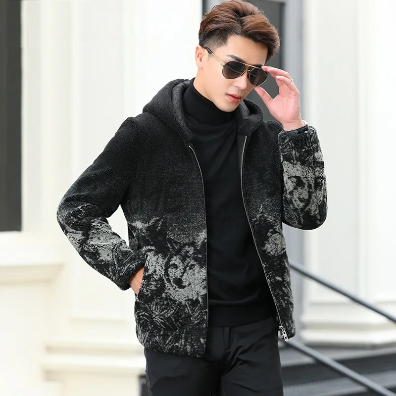 Новая осенне-зимняя мужская замшевая Толстая куртка с капюшоном узором волка