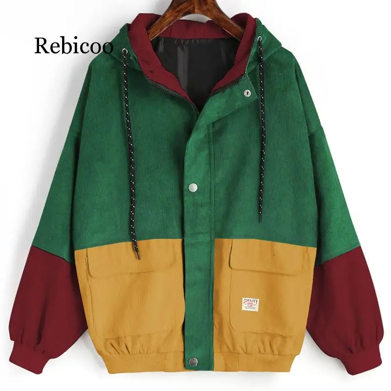 

Jacket jacket long sleeve corduroy patchwork oversized zipper coat windbreaker jacket and jacket female 2019