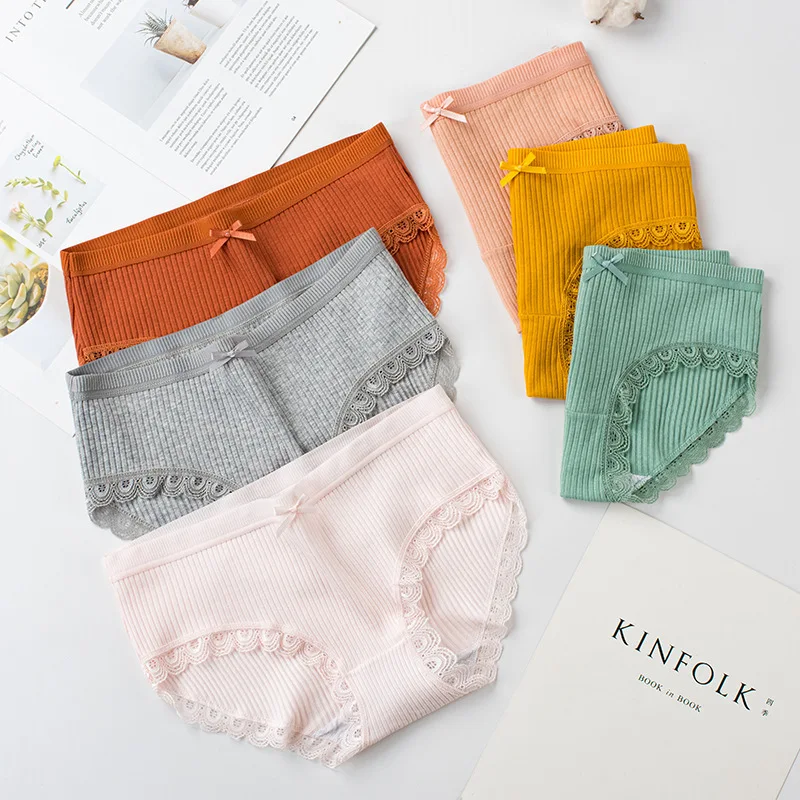 

3 Pairs/lace Women's Underwear Cotton Mid-waist Pure Cotton Thread Big Wave Lace Girl Large Size Briefs Underwear Women Panties