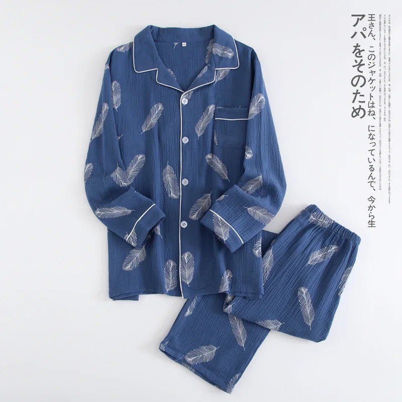 

New Autumn Men's Crepe 100% Cotton Gauze Suit Long Sleeves Trousers Mens Pajama Set Men Sleepwear Cartoon Nightwear 2 Piece Set