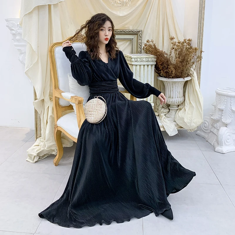 

Hepburn Style 2020 New Women's Dress Summer V-neck High Waist Lantern Vestidos Mujer Sleeve Super Long Cotton Mopping Dress E237