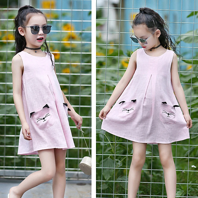 Детское хлопковое платье для девочек летнее синее желтое с мультяшным котом 3-12