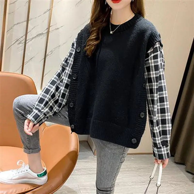 

Fake Two Knitted Button Tops Pullover Plaid Women Sweater Checkered Oversize Wild Patchwork Spring Winter 2021 New