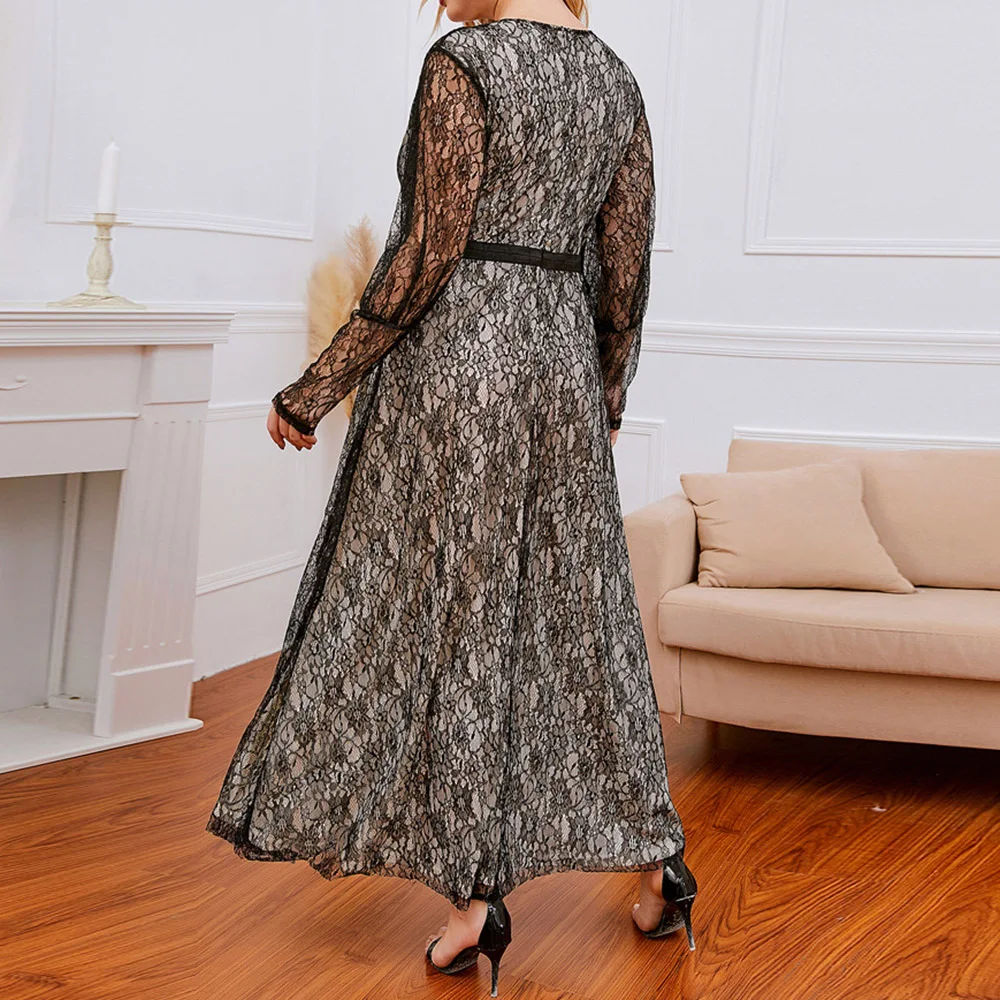

2021 Fashion Women's Dress Long Elegant Oversize Hollow Out Lace Black Splicing V-neck Long Sleeves Female Maxi Dresses