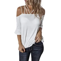 womens flare sleeve t shirt summer fashion casual off shoulder solid color umbilical exposure sexy tops