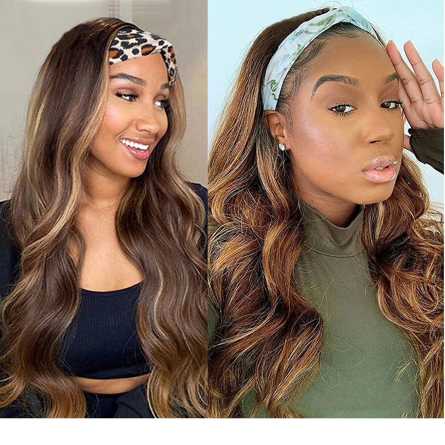 Colored Curly Headband Wigs Human Hair 4/27 Blonde Highlights Deep Wave Natural Half Wigs With Headband Attached 150% Density