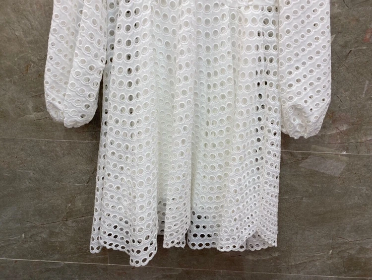 

100%Cotton Embroidery Dress 2021 Spring Fashion Style Women O-Neck Allover Hollow Out Embroidery Long Sleeve White Floral Dress