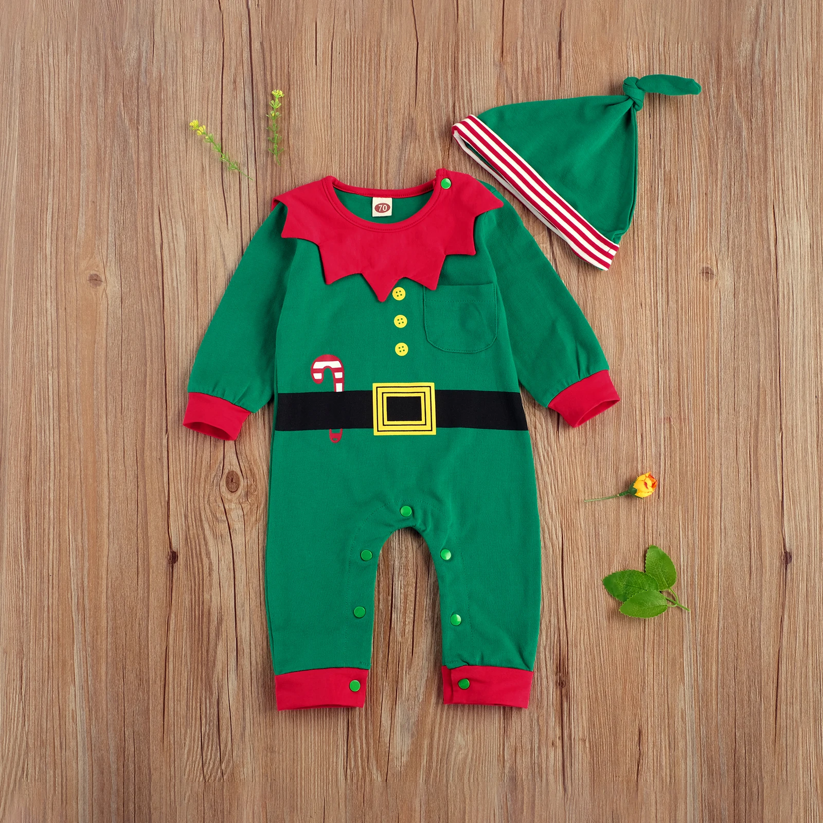 

Newborn Baby Christmas Romper Outfits Newborn Baby Elf New Year Costume Clothes Long Sleeves Jumpsuit with Hat Xmas Outfit 2pcs