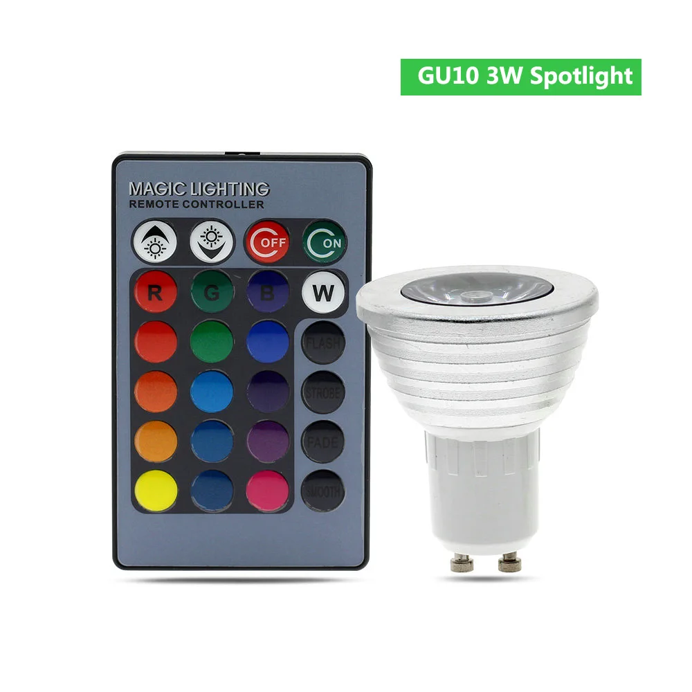 Цветная(RGB светодиодный лампы E27 E14 GU10 волшебный Светильник лампы 110V 220V 16 Цвет меняющийся светодиодный сценические лампы RGB Светодиодный точечный светильник+ 24-кнопочный ИК-пульт дистанционного управления Управление - Испускаемый цвет: GU10 3W Spotlight