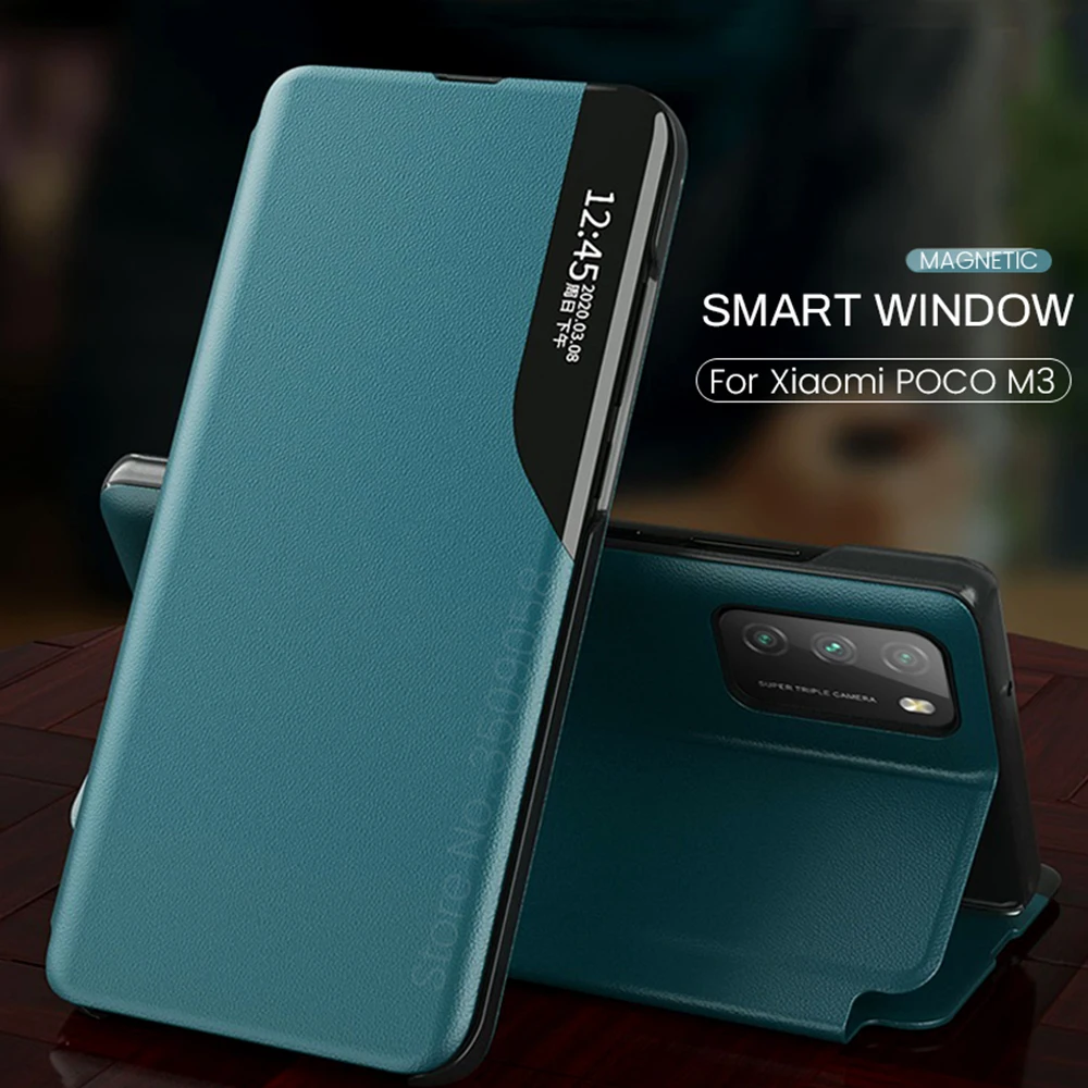 for poco-m3 case smart window view magnetic pu leather flip cover for xiaomi pocophone poco m3 little m 3 6.53' book stand coque