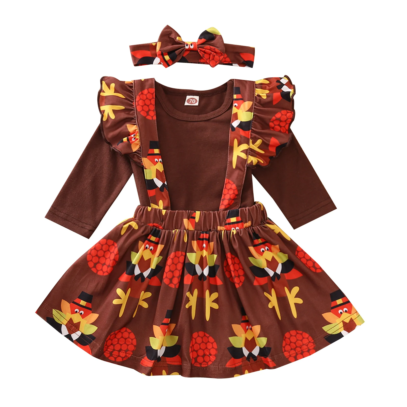 

Thanksgiving Day Newborn Girl Bodysuits + Suspender Skirt + Bow Headband Cartoon Turkey Pattern Festive Clothing 3PCS
