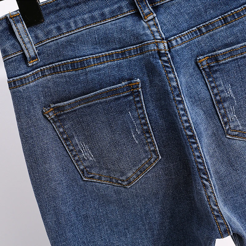 Women's High Waist Jeans Fashion Plus Size Spring and Autumn Blue Slim Irregular Cropped Trousers Elastic Straight Long Pants