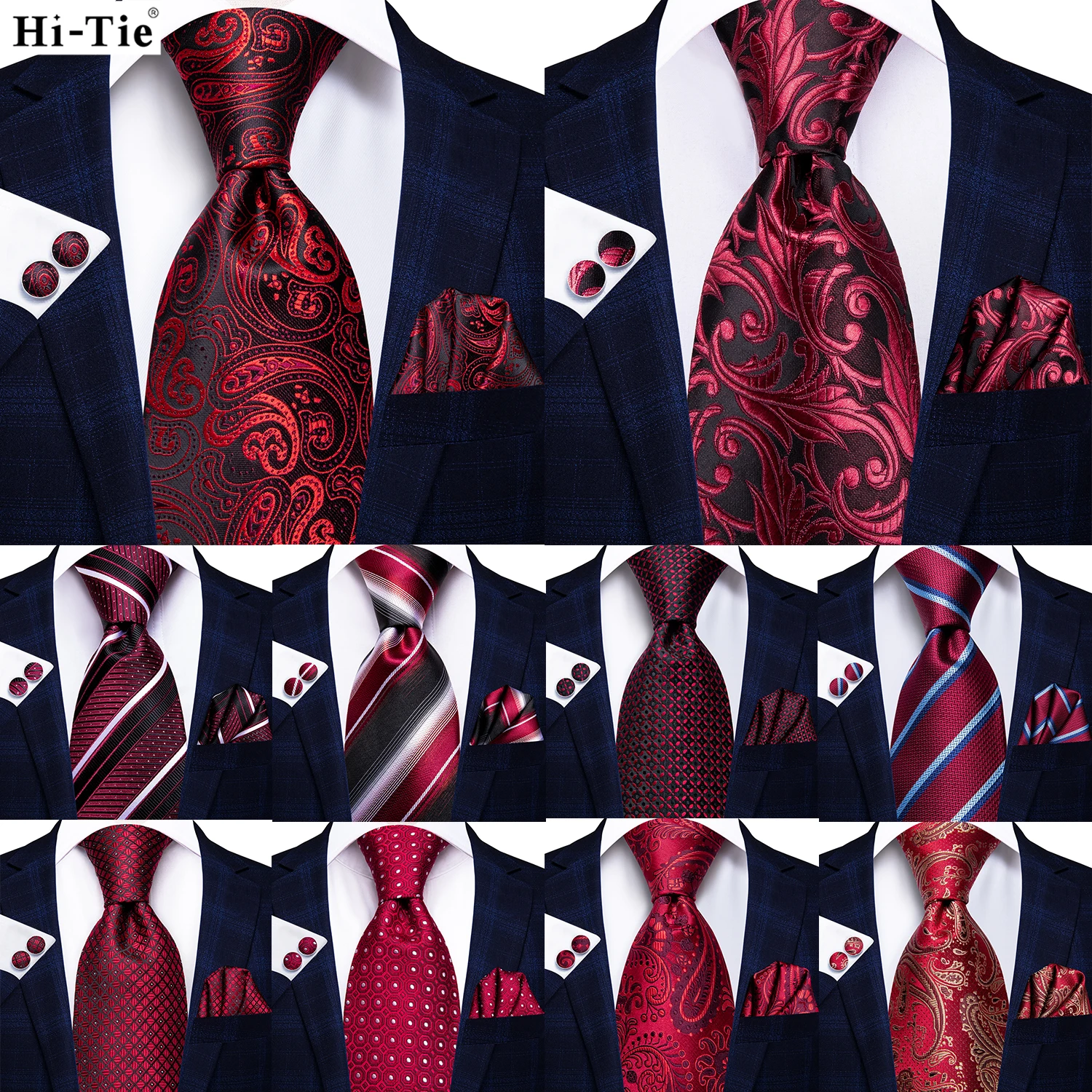 Фото Hi-Tie бордовый цветочный полосатый Шелковый Свадебный галстук для мужчин новый
