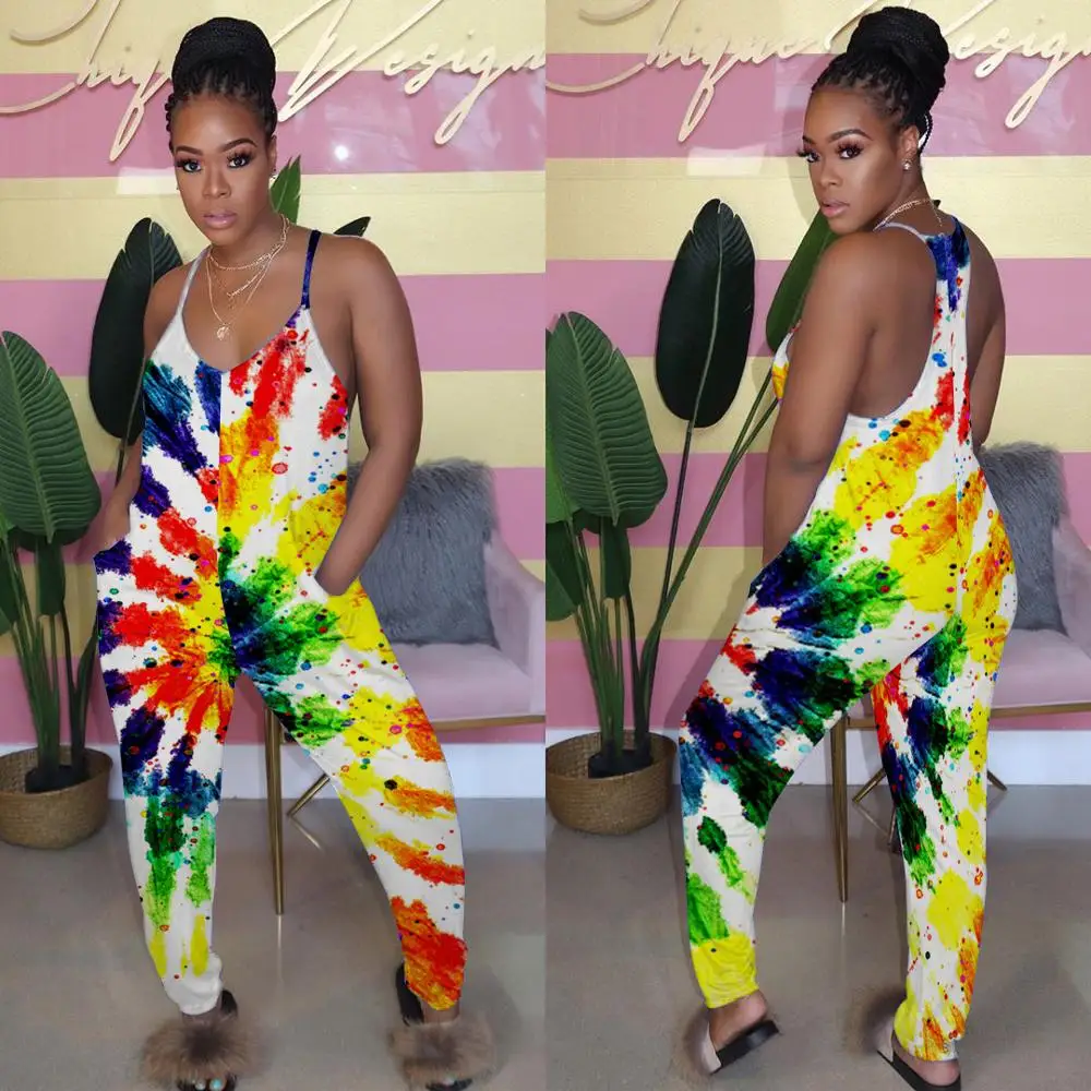 

SUWA Summer Multi Color Print Harem Pants Calf Length Jumpsuit Hot Sale Femme O Neck Loose Pocket Casual Rompers 4 Color Overall