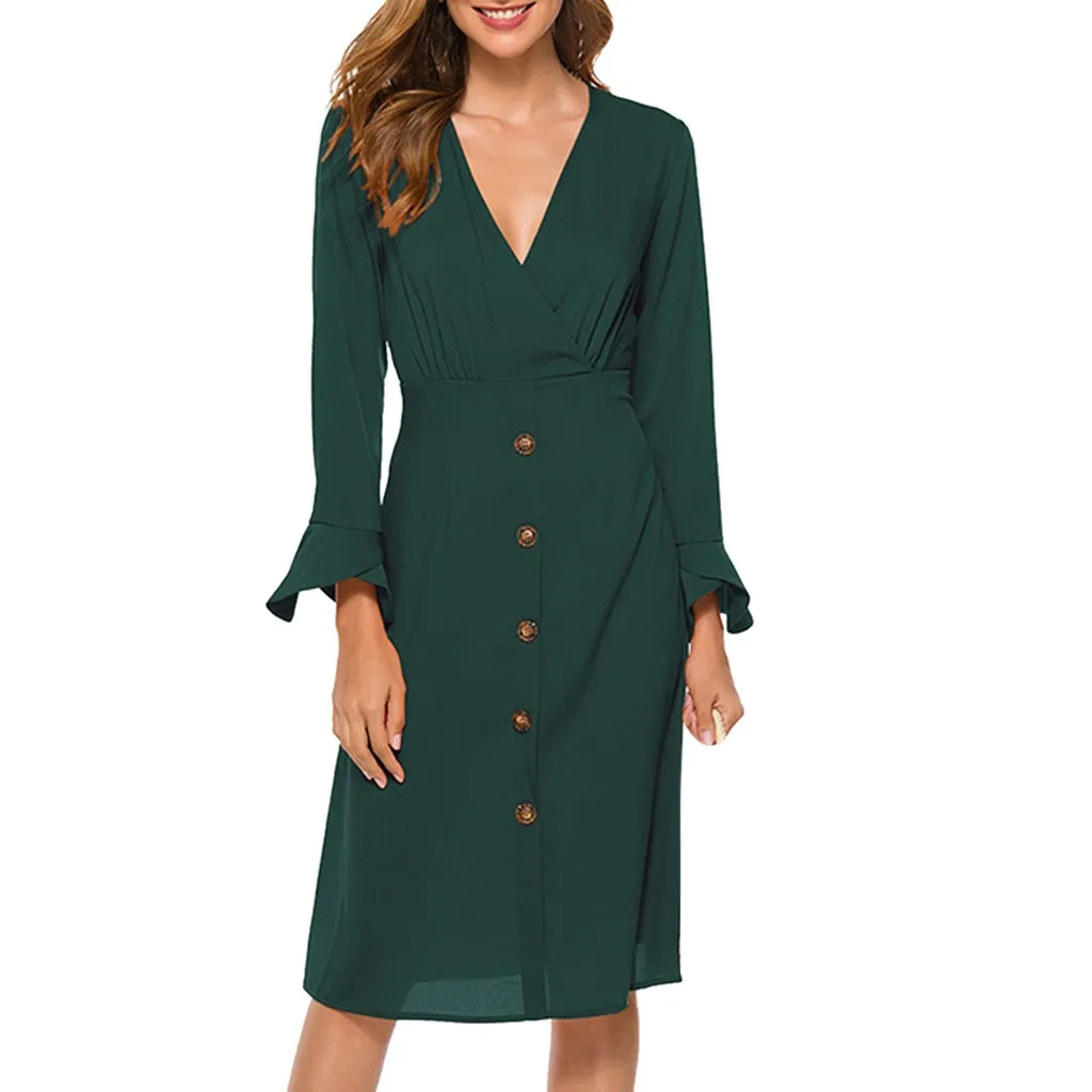 Платье женское осенне зимнее однотонное с V образным вырезом и длинными