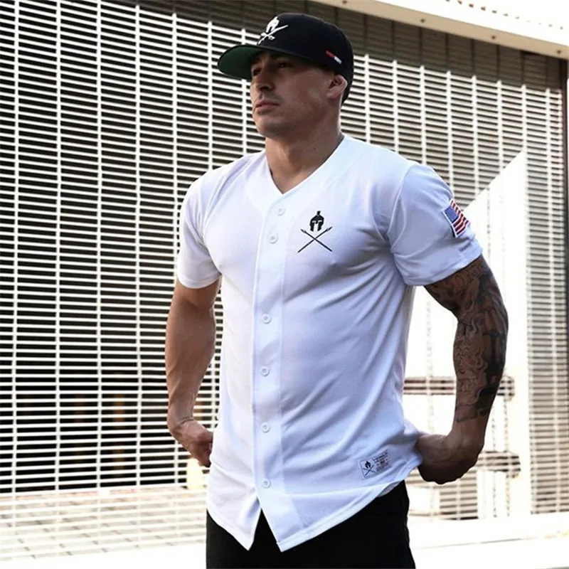 

Summer New Men's sports Gym Bodybuilding T-Shirt Brand Clothing Compression Short Sleeve Tshirt Male Button cardigan Tops Tees