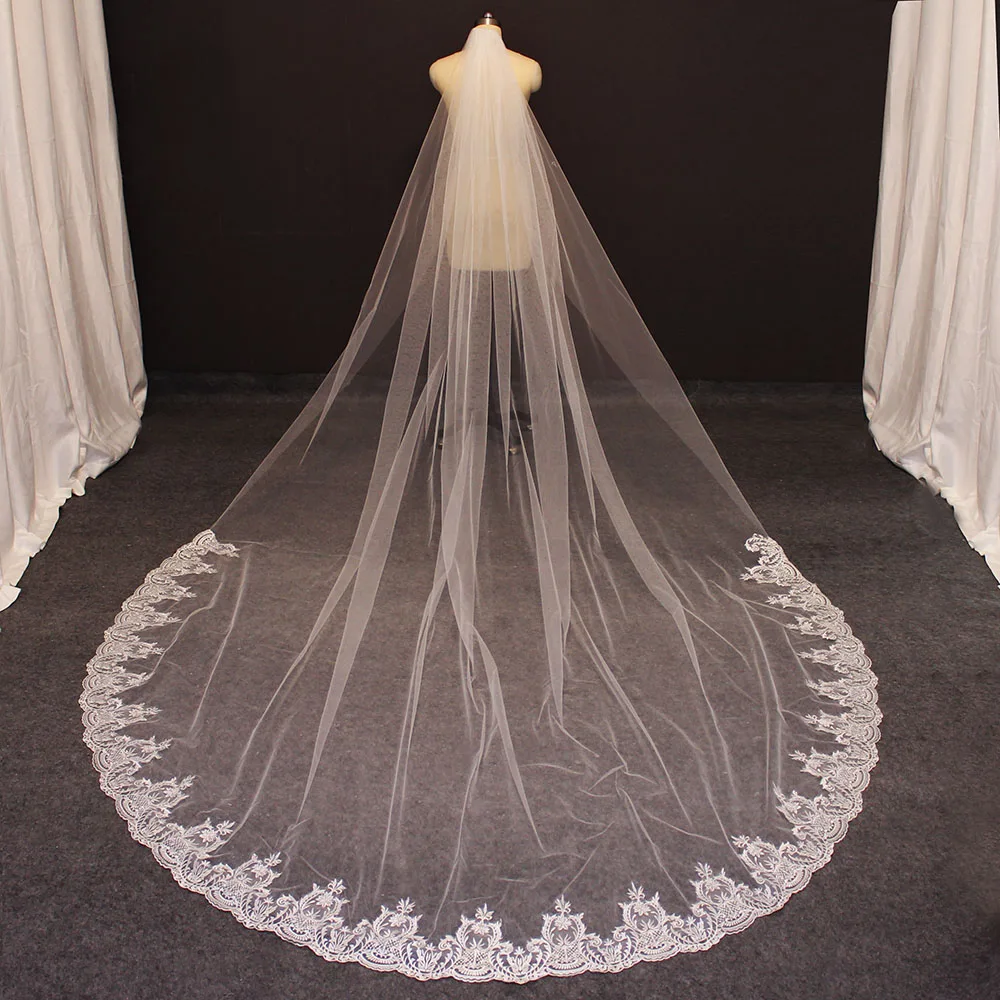 

Real Photos Lace Cathedral Bridal Veil White Ivory 3 Meters Long Wedding Veil with Comb Bride Accessories Welon Slubny