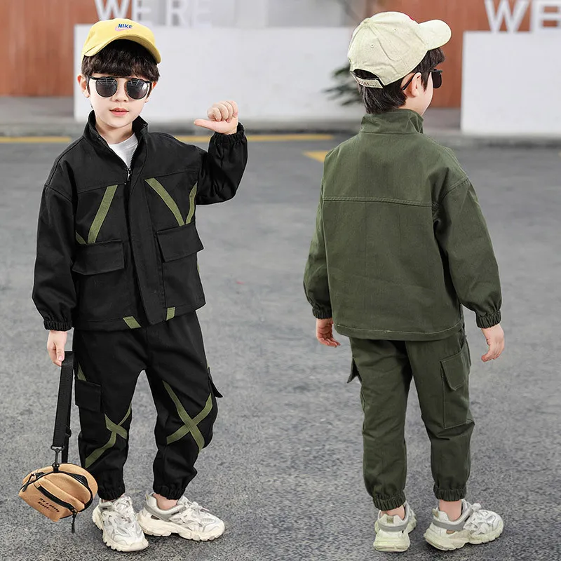 

Комплект одежды для мальчиков-подростков, хлопковые брюки-карго и куртка на молнии, осенняя одежда для детей, комплект из двух предметов, но...