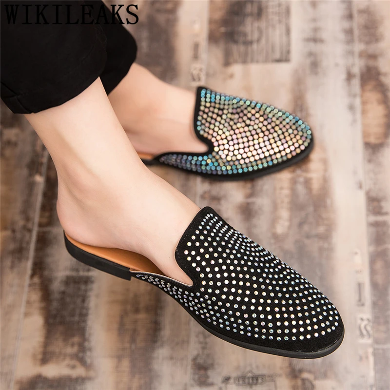 Mules Suede Shoes Men Black Half For Rhinestone Mens Casual Hot Sale Sepatu Slip On Pria Heren Schoenen | Обувь