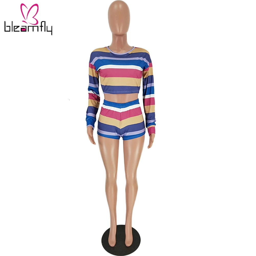 Новинка 2019 женский летний комплект из двух предметов: футболка в цветную полоску