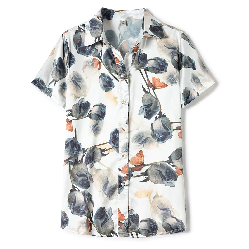 

Women's Silk Shirt Printing Floral Blouses for Women Short Sleeve Fashion Shirt Women's Clothing 2021 Polo Neck Oversize Blouse