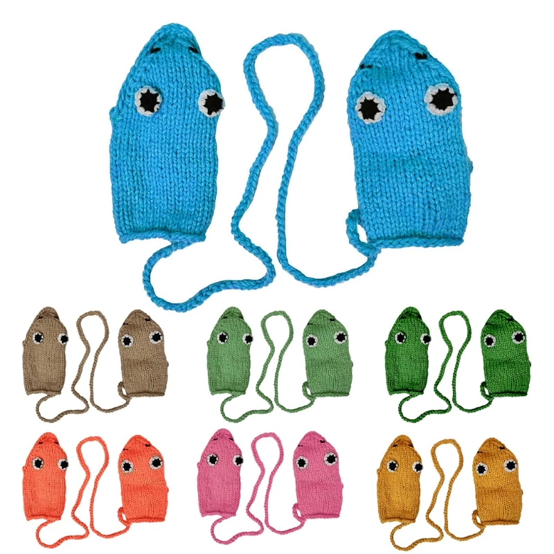 

Winter Crochet Knit Gloves Cute Cartoon Frog Mouth Eyes Warm Mittens with String X7JB