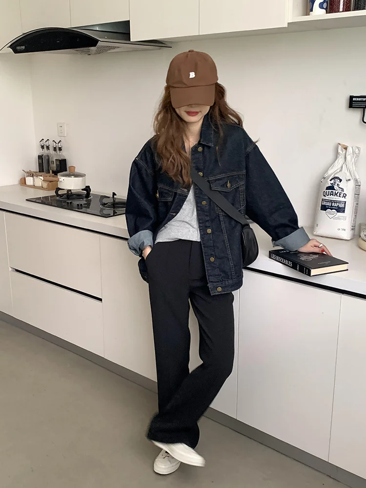 Черные темпераментные брюки женские вертикальные прямые с высокой талией костюм