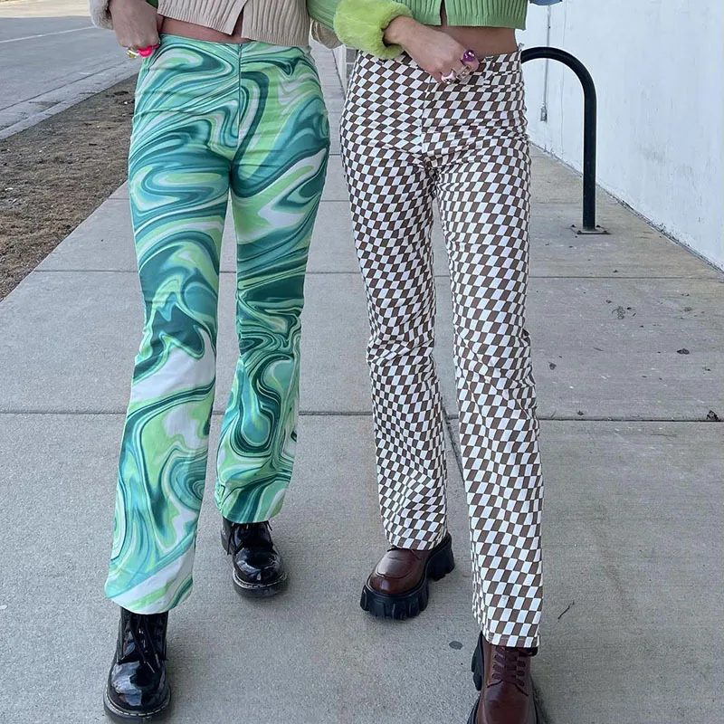 

2021 New Fashion Street Water Ripple Casual Pants Printed Micro-Flared Pants High-Waisted Slim Straight-Leg Pants