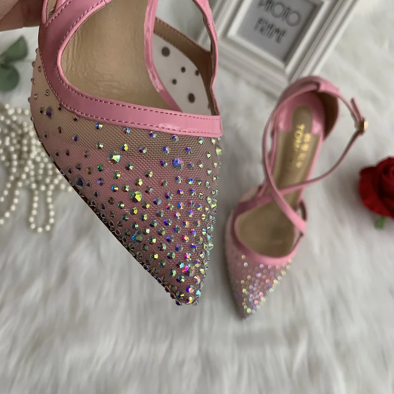 2020 new hot sale baby pink patent with crystal stone mesh gauze cross ankle straps girl lady women 120mm high heel summer shoes | Обувь