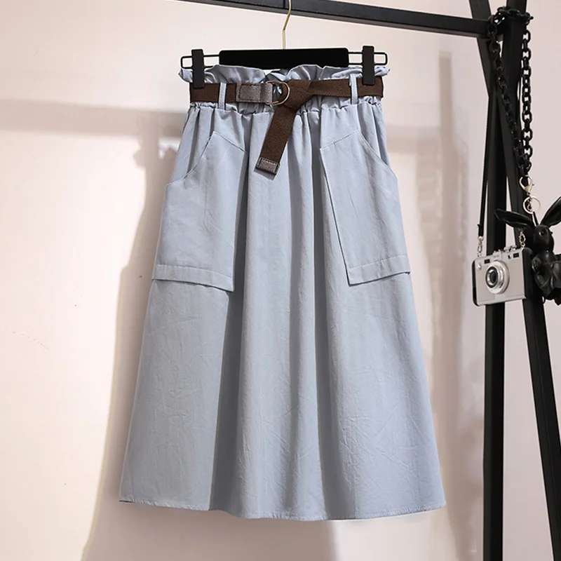 Женская эластичная юбка трапециевидной формы с завышенной талией и поясом