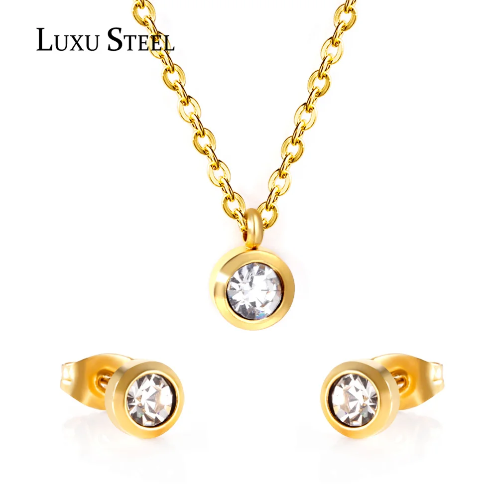 

Комплект женских ожерелий LUXUSTEEL, ювелирные изделия из нержавеющей стали 2021, золотой цвет, круглый кулон с фианитом, ожерелье, цепочки, ювелир...