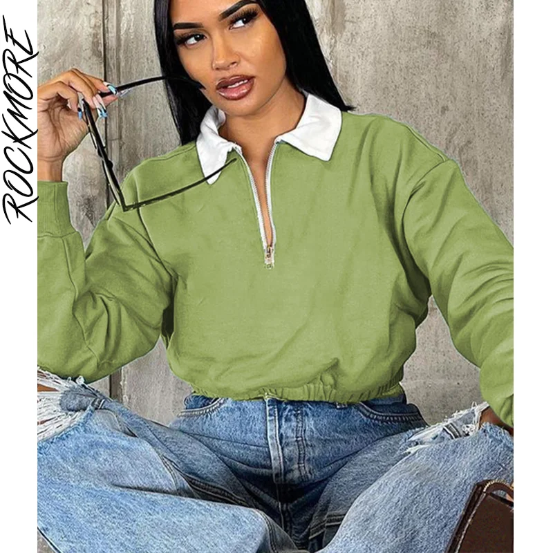 

Rockmore Harajuku Solid Sweatshirt Spring Autumn Casual Cropped Pullovers Women Y2K Loose Zipper Lapel Long Sleeve Tops Korean