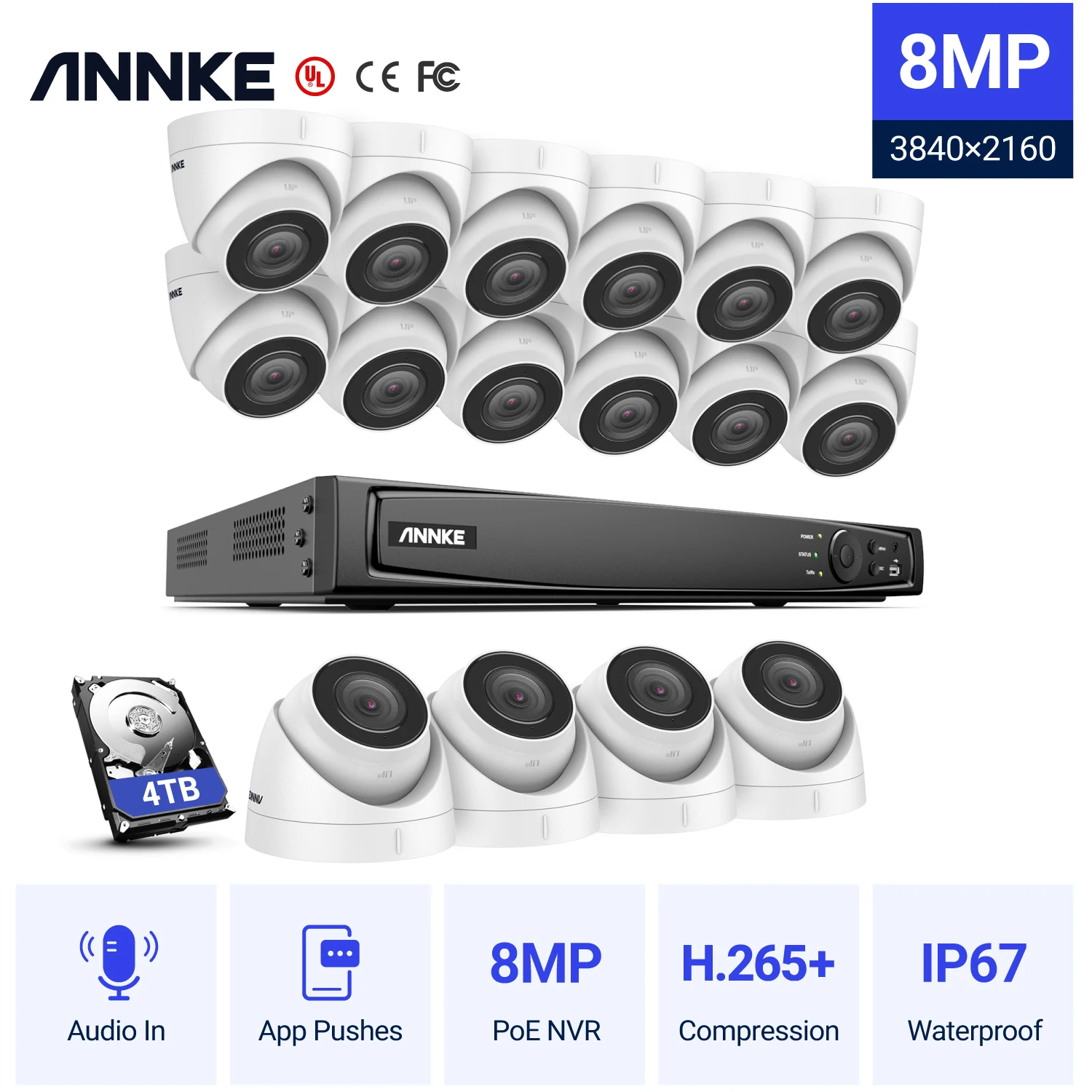 Сетевая Видеосистема ANNKE 16 каналов 4K Ultra HD POE 8 Мп H.265 сетевой видеорегистратор с 16X