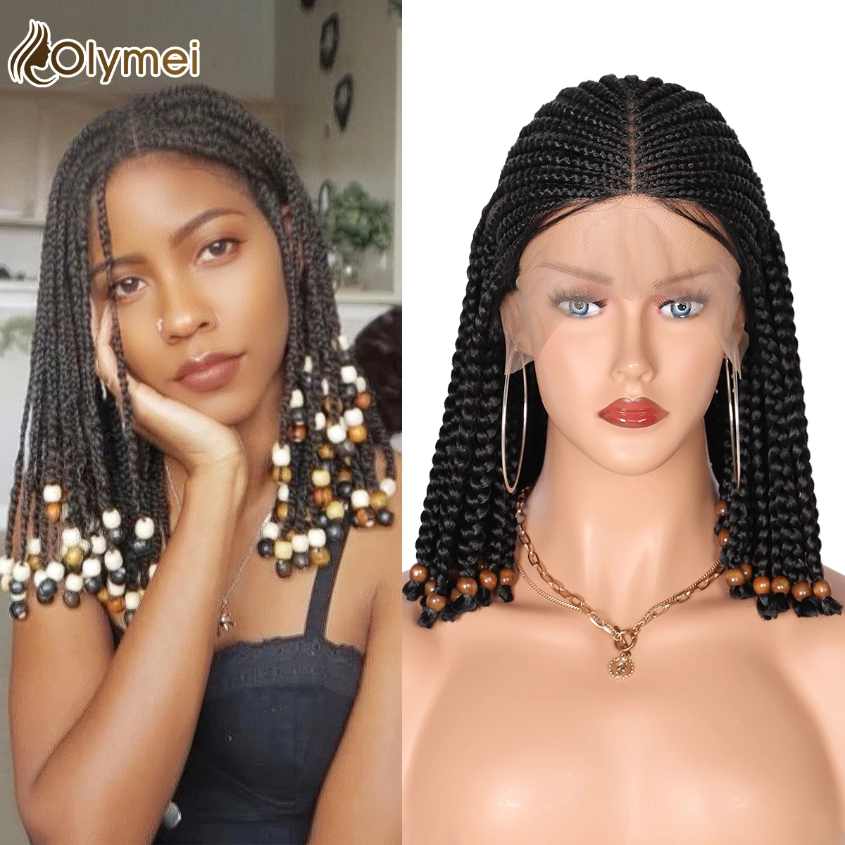 Olymei Synthetic Box Braided Lace Front Wigs with Beads 13X9 Swiss Lace 14