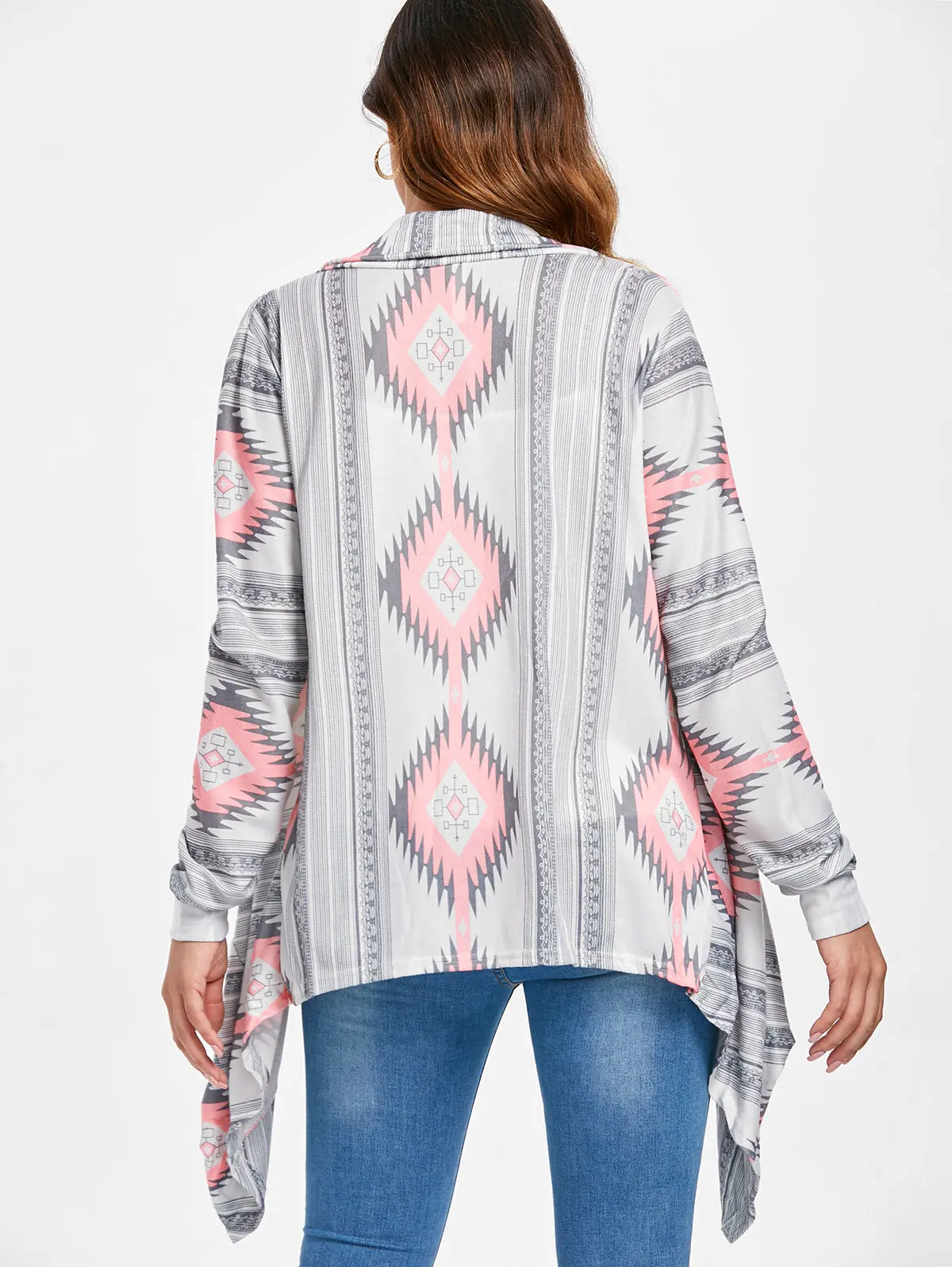 Women Cardigans Geometric Printed Long Sleeve Asymmetric Cardigan Sweater Female Clothes Ladies Tops Knit Outwear |