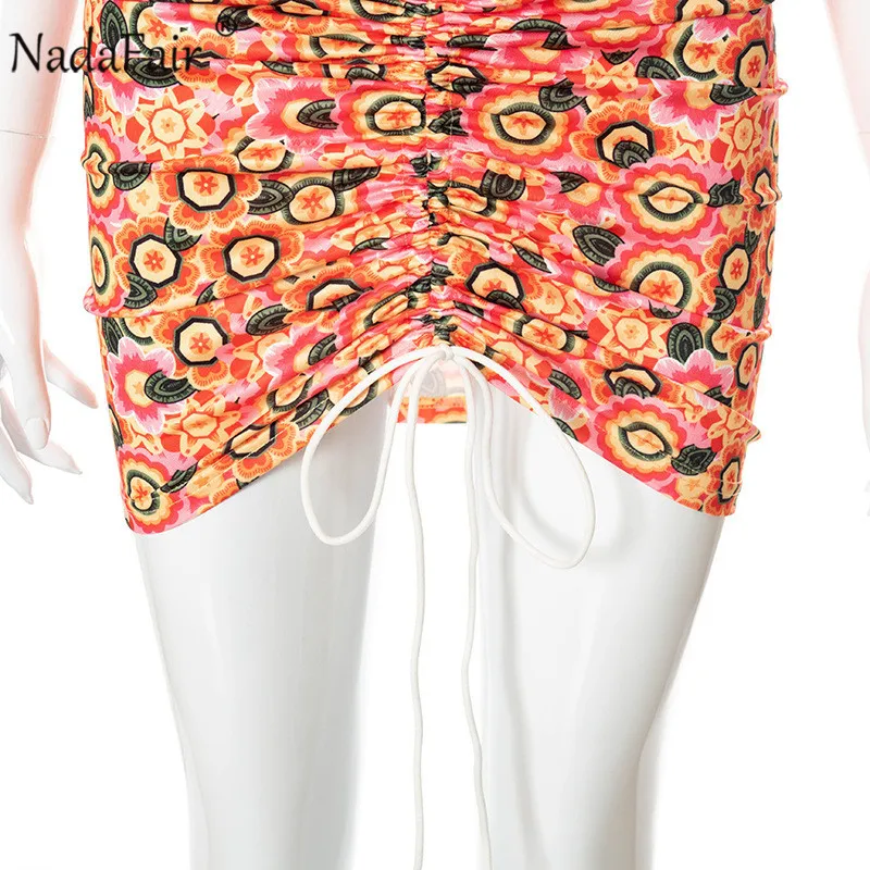 

Nadafair Floral Mini Dress Sets Women Chic Multi Two Piece Set Summer Dress Suit Ruched Backless Sexy Bodycon Beach Dress