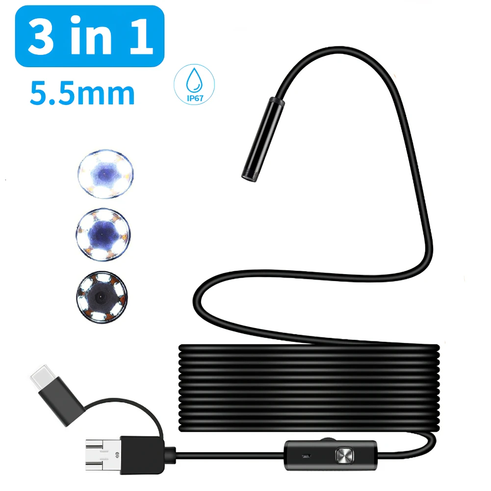 

5.5mm USB Endoscope Lens Camera HD 1200P Hard Flexible Tube Mirco-USB Type-C Borescope Video Inspection For Android Endoscopes