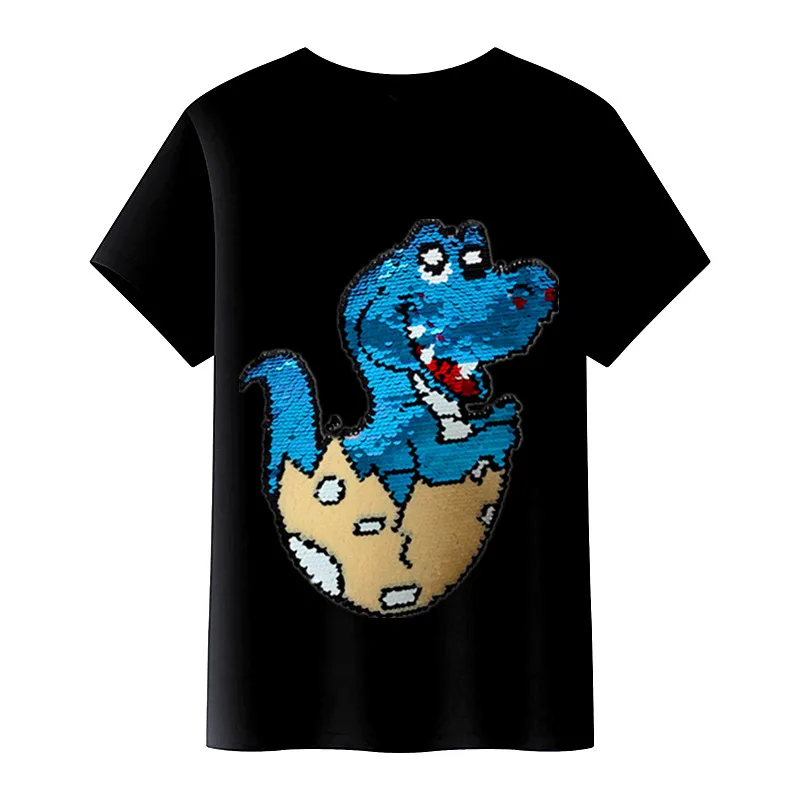 Детская летняя хлопковая Футболка с блестками и тонизирующим рисунком динозавра