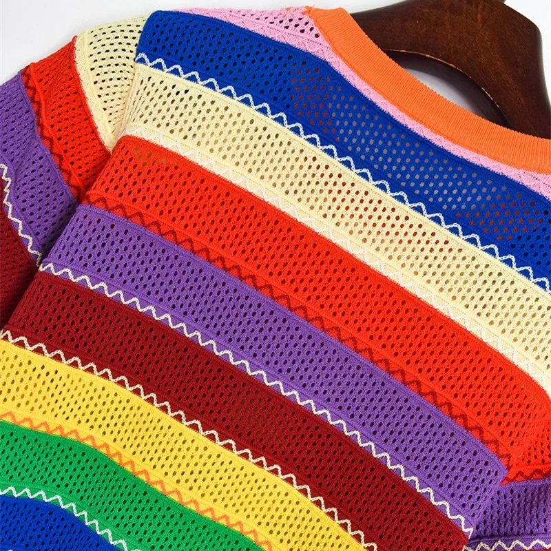 

Luxury Brand Designer Knitted Pullovers for Women O Neck Contrast Color Rainbow Stripe Hollow Out Knitted Sweater