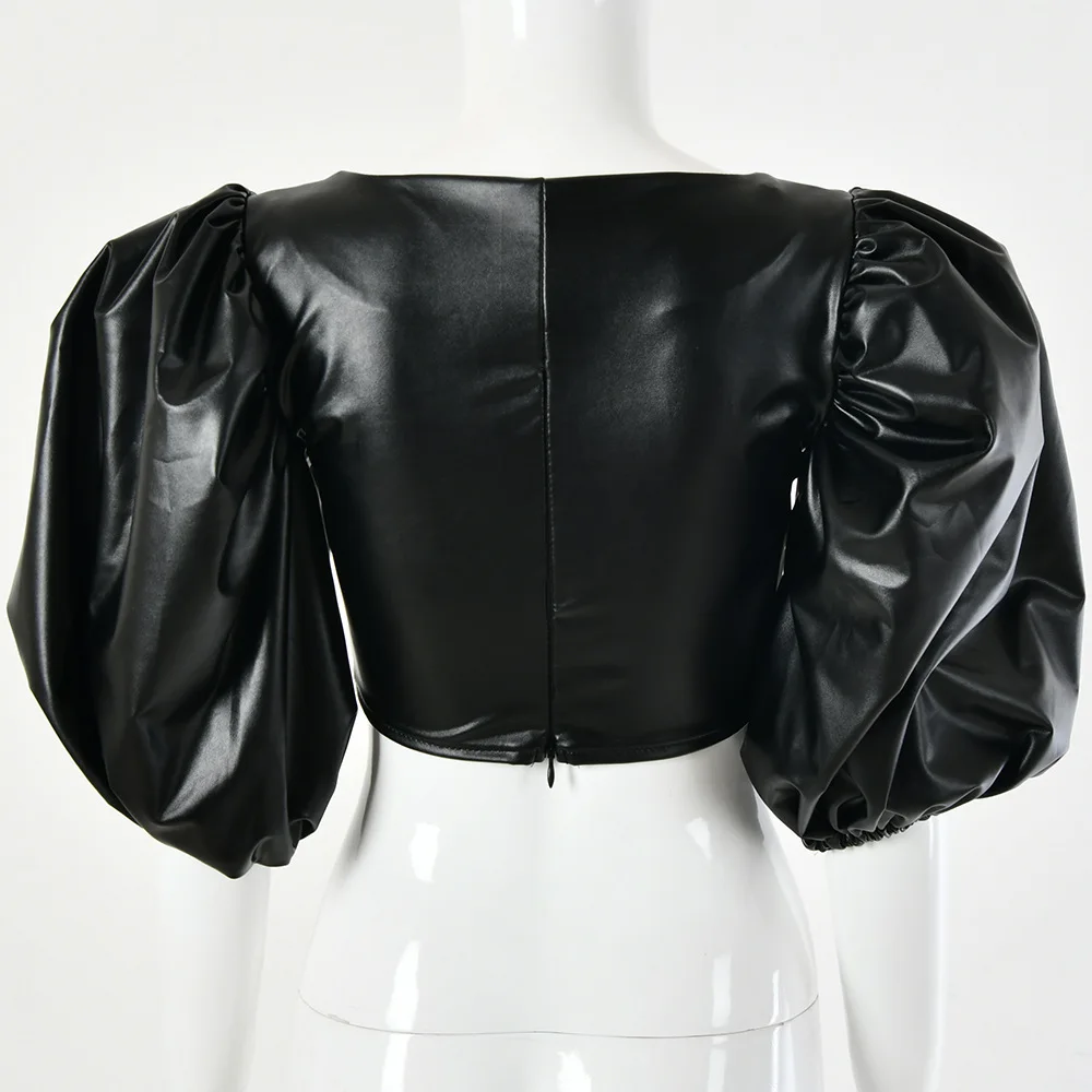 

Women PU Leather Square Collar Bustier Crop Tops Shirt Puff Sleeve Sexy Short Shirts Blouse Women Zipper Elegant Tank Top FD-086