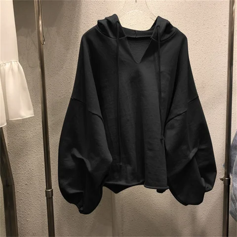 Hoodies Sweatshirts Women Lantern Sleeve Oversize Hoodies V-neck Solid Color Women Clothes Autumn Casual Lady Tops