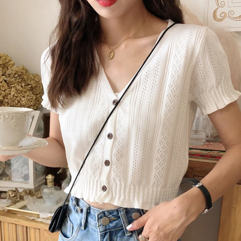 

Crop Top Fashion Women Knitted Cardigan summer Lotus leaf short sleeve Casual V-Neck Crochet Knit Sweater Female Tops 2020 New