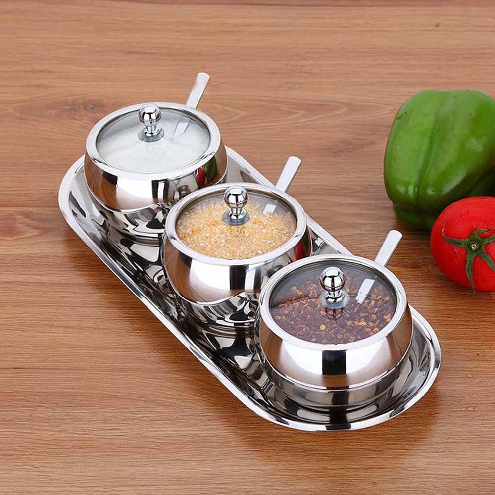 stainless steel sugar bowl seasoning jar condiment pot spice container canister cruet with lid spoon kitchen tools gadgets can free global shipping