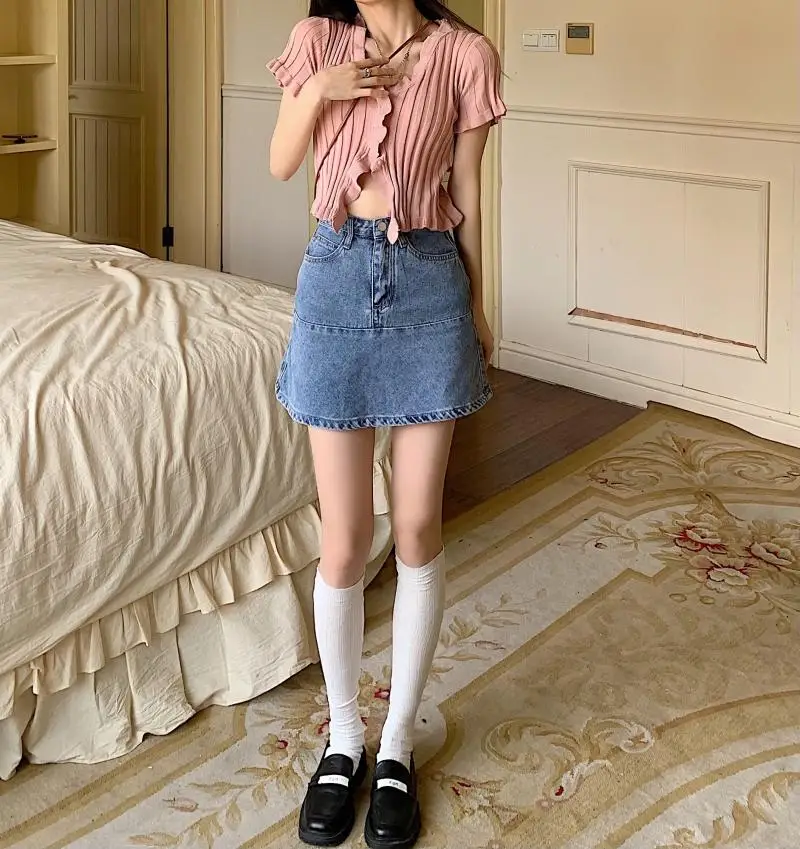 

Denim Solid Skirts Women Streetwear Mini A-line Retro Hong Kong Style Slim Summer New All-match Leisure High Waist Ruffle Skirt