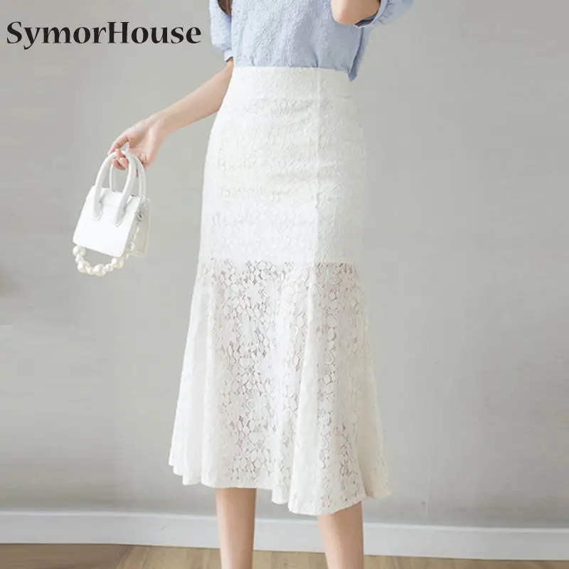 

Кружевная юбка, белая юбка с высокой талией, лето размера плюс, черная облегающая юбка, сексуальная юбка-русалка в Корейском стиле для офиса,...